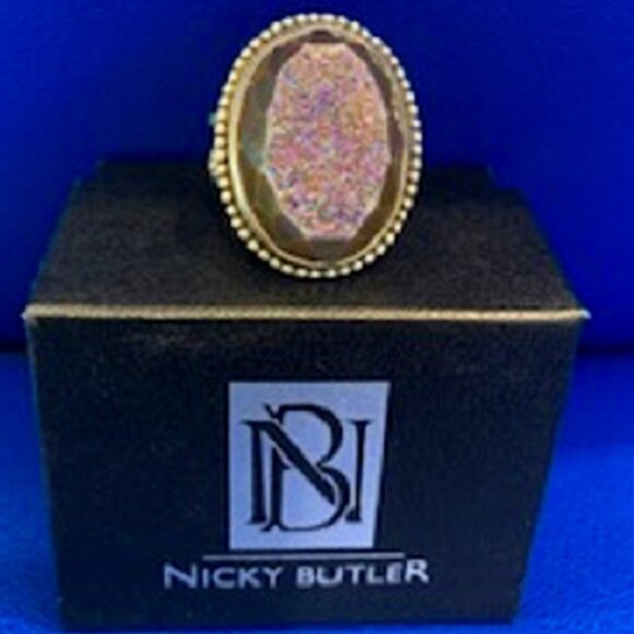 Nicky Butler Vintage Druzy Stone Sterling Silver Rope Oval Adjustable Ring Sz 8 - Picture 2 of 6